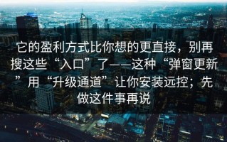 它的盈利方式比你想的更直接，别再搜这些“入口”了——这种“弹窗更新”用“升级通道”让你安装远控；先做这件事再说