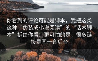 你看到的评论可能是脚本，我把这类这种“伪装成小说阅读”的“话术脚本”拆给你看：更可怕的是，很多链接是同一套后台